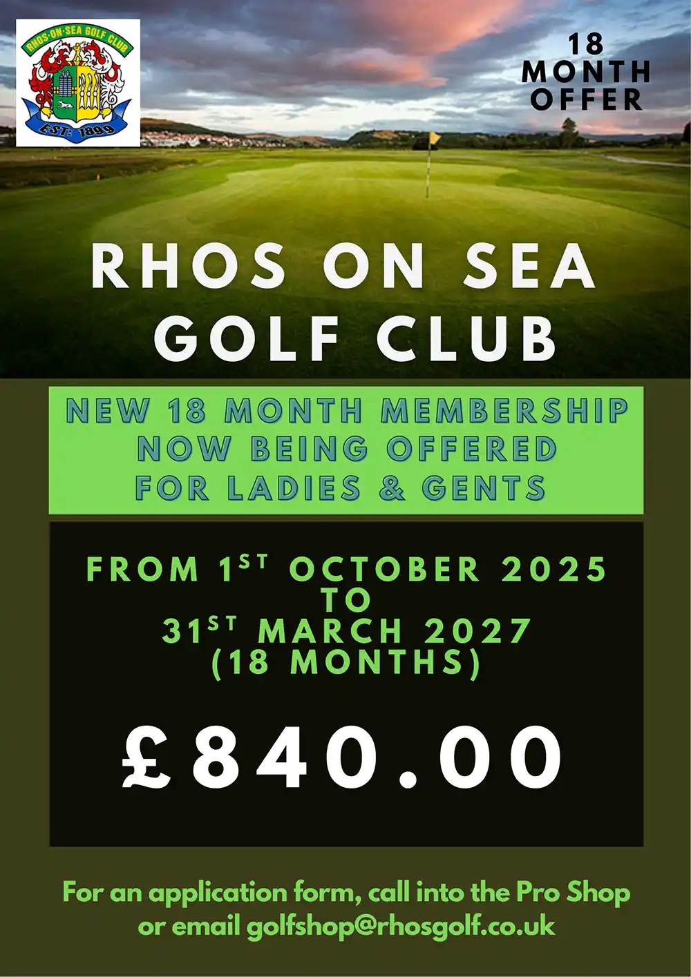 18 month membership offer at Rhos on Sea Golf Club